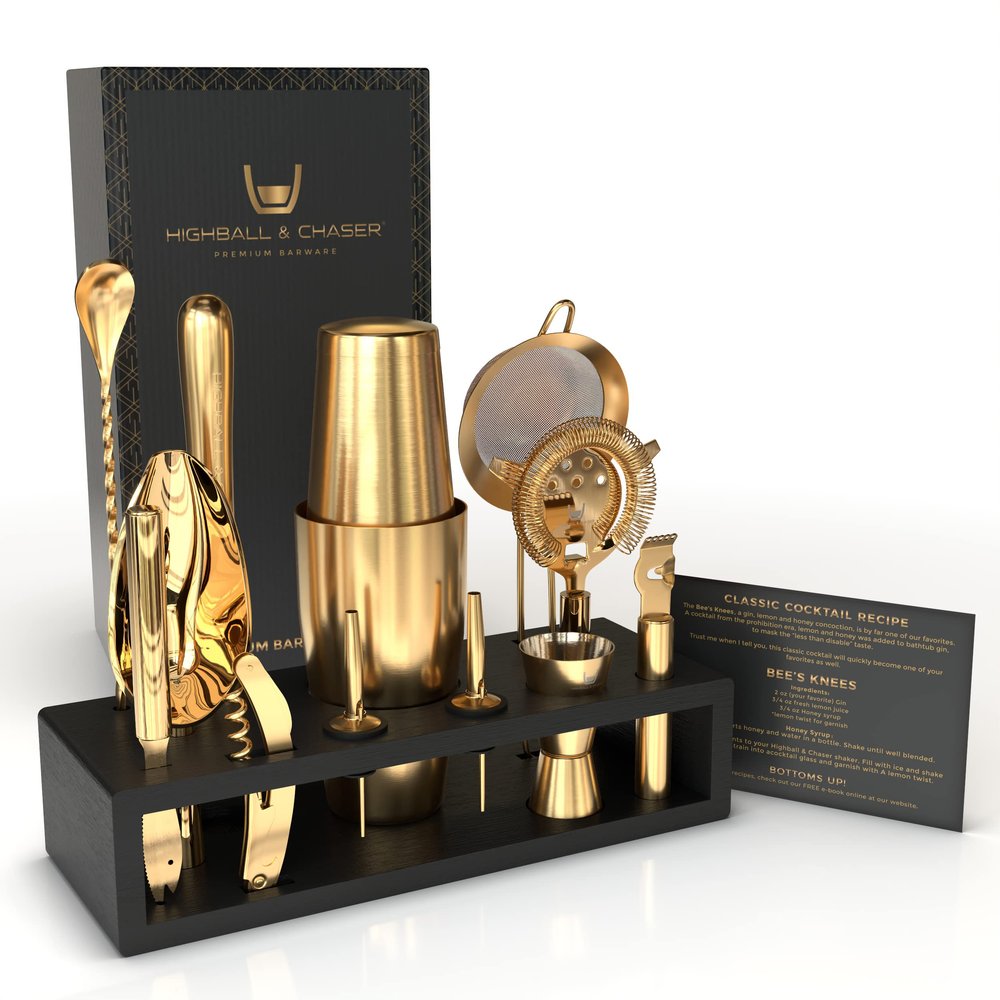 Highball & Chaser Bartender Kit with Black Bamboo Stand Beautiful Cocktail Shaker Set and Bar Tools Stainless Steel Boston Shaker Bartender Kit with Stand (Antique Gold)