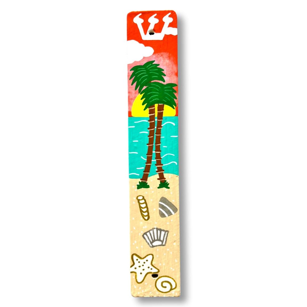 Beach Mezuzah Case Hand Painted  Coastal Judaica Palm Tree Ocean Design  Tropical Jewish Home Decor  Handmade Mezuzah for Beach House, Florida Decor, Housewarming Gift (with Scroll Options)