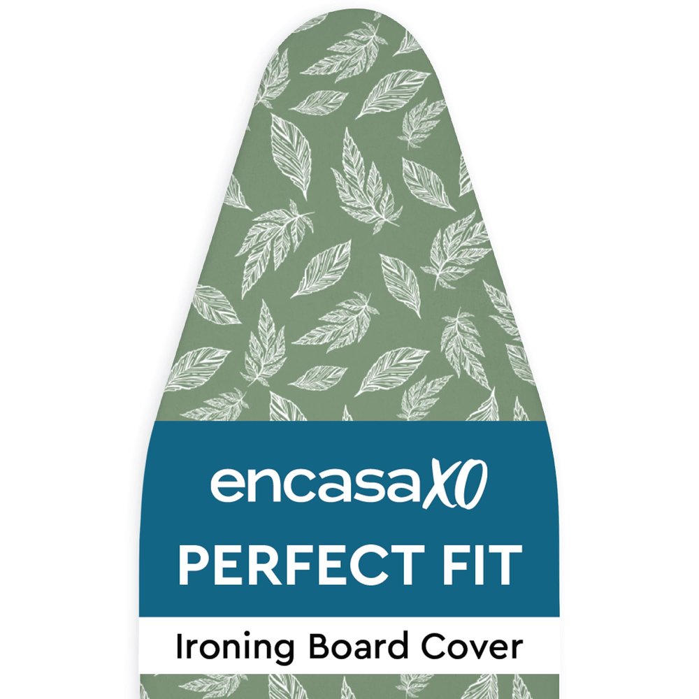 Encasa XO Ironing Board Cover and Pad 49"x18" Standard Size - Thick 3mm Felt Padded Iron Board Cover with Padding, Scorch & Stain Resistant Cotton, Heavy Duty Drawstring, Snug Fit - Big Leaves Green