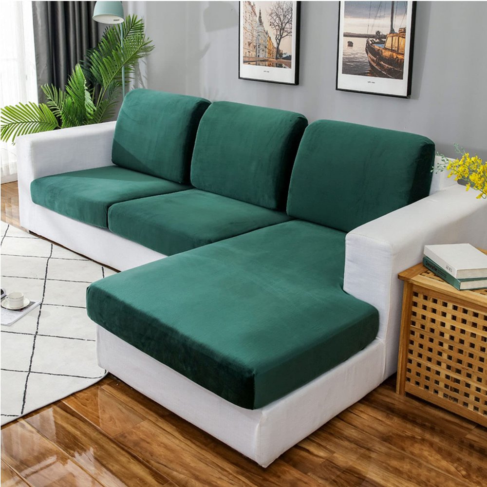 Velvet 1 2 3 Seater Cushion Cover for L-Shaped Sofa Chaise Longue, Cushion Slipcover Sofa Cover for Individual Cushion Furniture Protector with Elastic Bottom (Green,loveseat(2pcs))