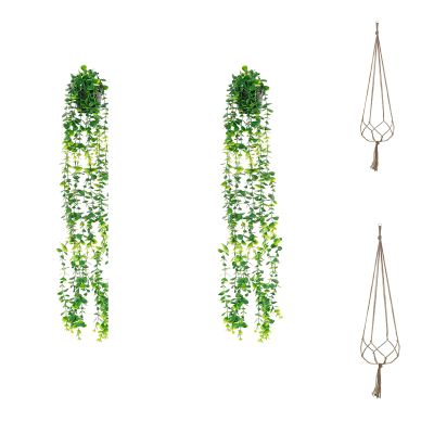 2 PCS Fake Plants, Artificial Hanging Eucalyptus Vines, Fake Eucalyptus Potted Plants with 35.4 inch Jute Rope, Faux Greenery Vines with Black Pot, for Wall Home Garden (35.4inch)
