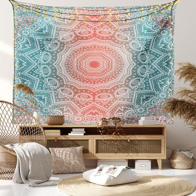Ambesonne Coral and Teal Tapestry, Modern Tribal Mandala Tibetan Healing Motif with Floral Geometric Ombre Art, Fabric Wall Hanging Decor for Bedroom Living Room Dorm, 45" X 30", Coral Teal
