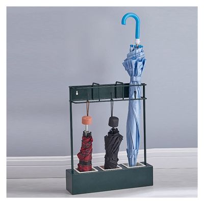 Umbrella Racks Metal Umbrella Stand Holder, Floor/Wall-Mounted Dual-Purpose Umbrella Storage Rack, Household Umbrella Storage Rack with Hook and Drip Tray, 34X42cm (Color : Green)