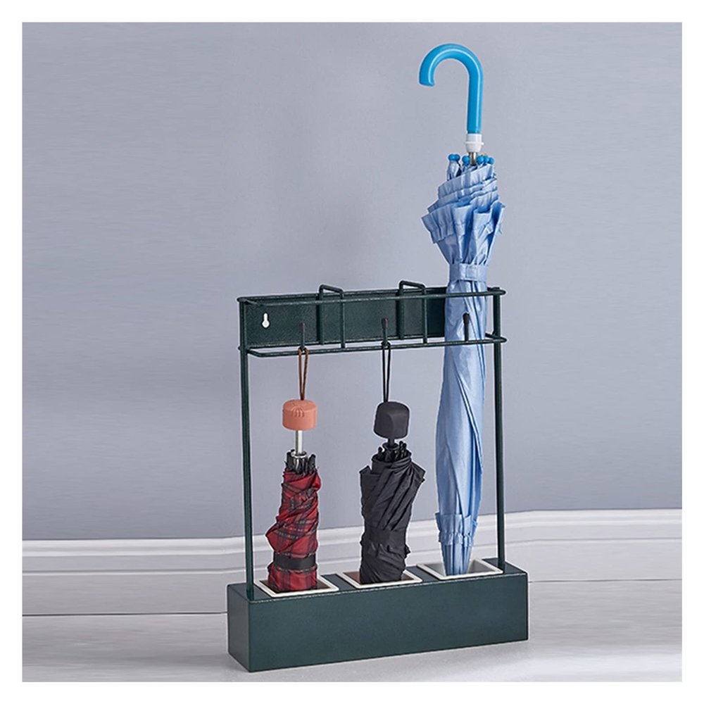 Umbrella Racks Metal Umbrella Stand Holder, Floor/Wall-Mounted Dual-Purpose Umbrella Storage Rack, Household Umbrella Storage Rack with Hook and Drip Tray, 34X42cm (Color : Green)