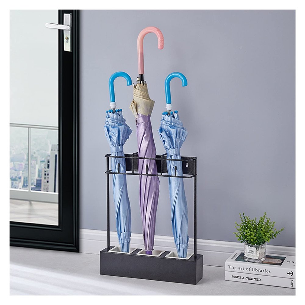 Umbrella Racks Metal Umbrella Stand Holder, Floor/Wall-Mounted Dual-Purpose Umbrella Storage Rack, Household Umbrella Storage Rack with Hook and Drip Tray, 34X42cm (Color : Black)