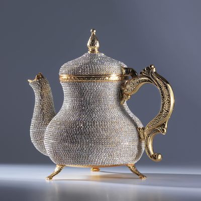 DEMMEX Handmade Gold Decorative Teapot Pitcher  Turkish Moroccan Arabic Style, Crystal Embellished, 2.6 lb, 8x7", Ornate Zamak Kettle for Home Dcor & Display  Handmade in Turkey