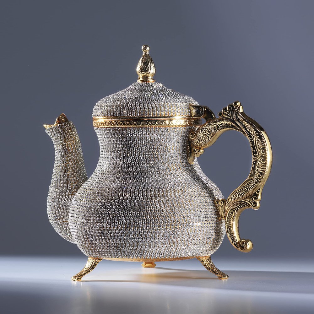 DEMMEX Handmade Gold Decorative Teapot Pitcher  Turkish Moroccan Arabic Style, Crystal Embellished, 2.6 lb, 8x7", Ornate Zamak Kettle for Home Dcor & Display  Handmade in Turkey