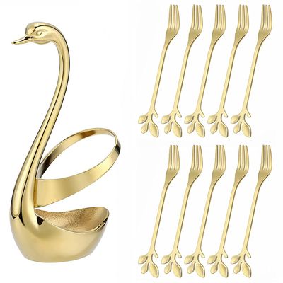 AnSaw Elegant Swan Base Holder Set with 10 pcs Gold Leaf 4.7" Stainless Steel Mini Forks for Appetizer, Fruit, Dessert, Cake & Salad