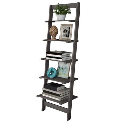 5-Tier Ladder Shelf - 50-Inch Narrow Leaning Bookshelf - Wooden Bookcase for Living Room, Bathroom, Kitchen, Office, or Bedroom Furniture by Lavish Home (Gray)