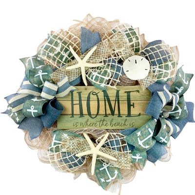 Artisan Home is where the Beach is Beach, Coastal, Tropical Wreath with Nautical Rope, Starfish, and Sea Shells