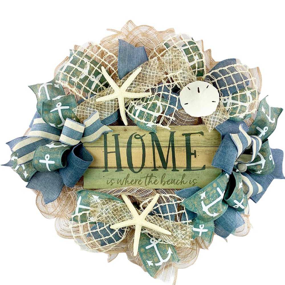 Artisan Home is where the Beach is Beach, Coastal, Tropical Wreath with Nautical Rope, Starfish, and Sea Shells