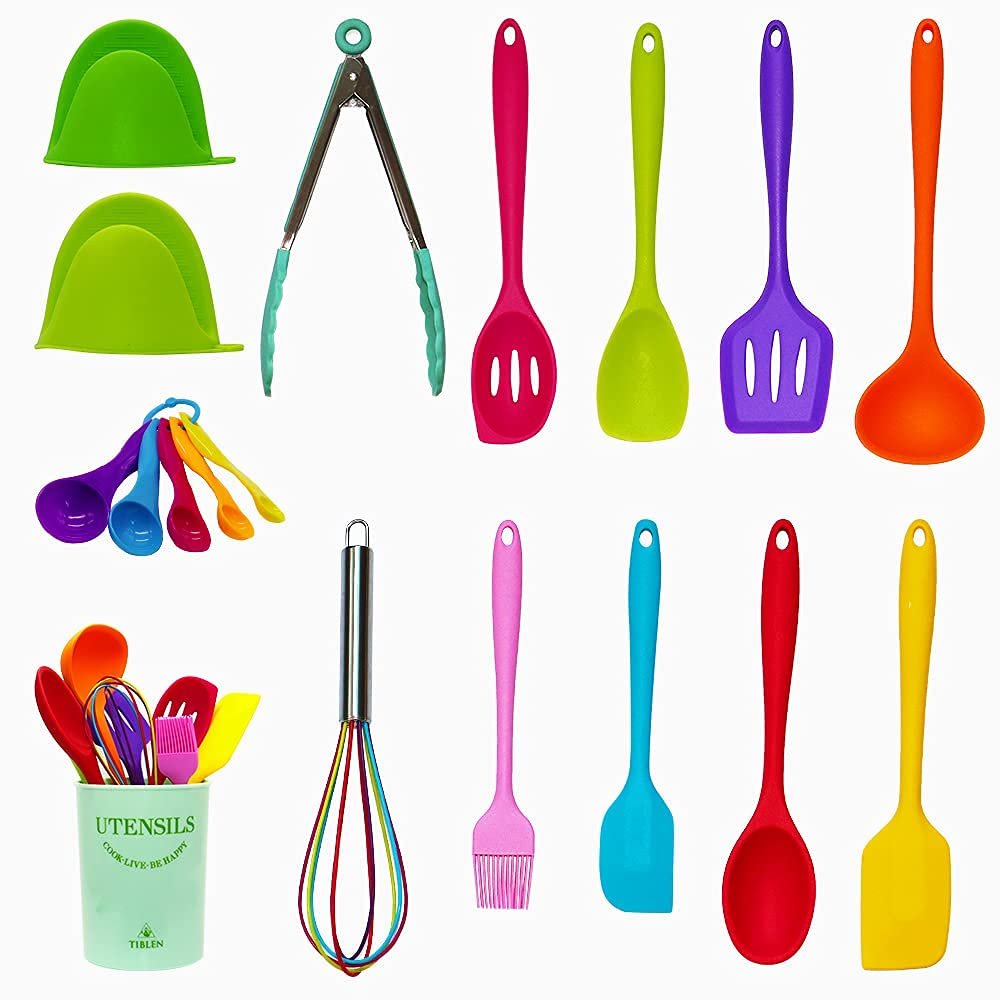 18 pcs Silicone Kitchen Cooking Utensil Set, Non-stick Heat Resistant Cookware, BPA Free Non-Toxic Tools,Turner Tongs Ladle Spoon Whisk, Dishwasher Safe -Colorful by TIBLEN