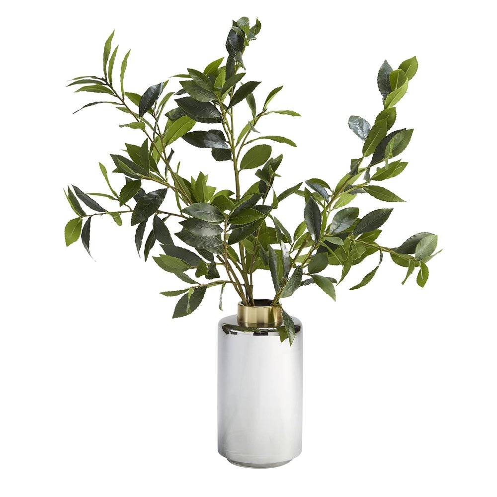 D & W Silks Bay Leaf Branches in Smoked Glass Vase - Large