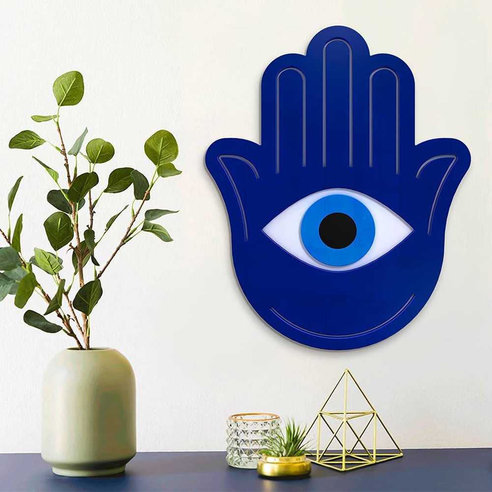 4ArtWorks - Hamsa Hand Wall Art Decor | Ready to Hang Blue Acrylic Wall Decorations | Home Blessing Accent | Nazar Amulet | Turkish Hand Wall Ornament | Hand of Fatima Hanging Accessory (11x13x1)