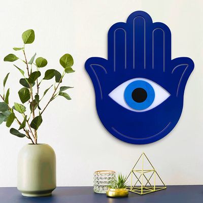 4ArtWorks - Hamsa Hand Wall Art Decor | Ready to Hang Blue Acrylic Wall Decorations | Home Blessing Accent | Nazar Amulet | Turkish Hand Wall Ornament | Hand of Fatima Hanging Accessory (15x18x1)