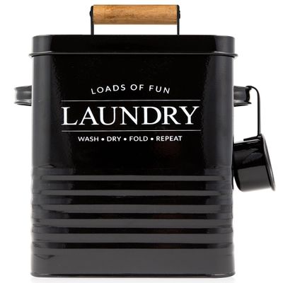 Calindiana Modern Farmhouse Metal Laundry Soap Dispenser Container Holder with Scoop for Laundry Room Decor and Space Saving Laundry Room Organization and Storage, Laundry Powder Container, Black