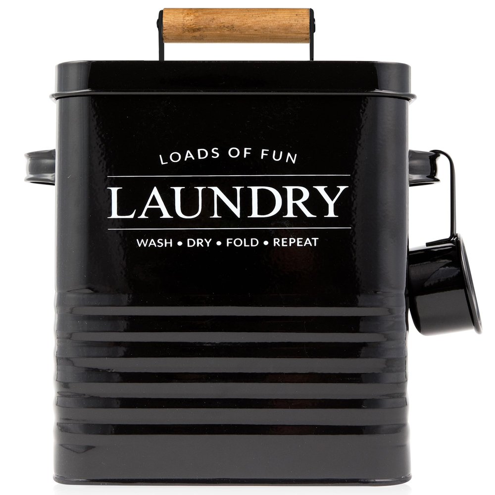 Calindiana Modern Farmhouse Metal Laundry Soap Dispenser Container Holder with Scoop for Laundry Room Decor and Space Saving Laundry Room Organization and Storage, Laundry Powder Container, Black