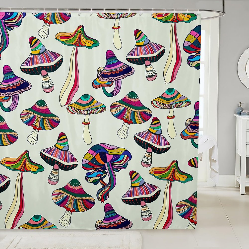 Erosebridal Mushroom Shower Curtain, Rainbow Stripes Bath Curtain, Kids Trippy Fabric Shower Curtains for Bathtubs, Umbrella Plant Curtains Set Bathroom Decor with 12 Hooks 72" W X 84" L