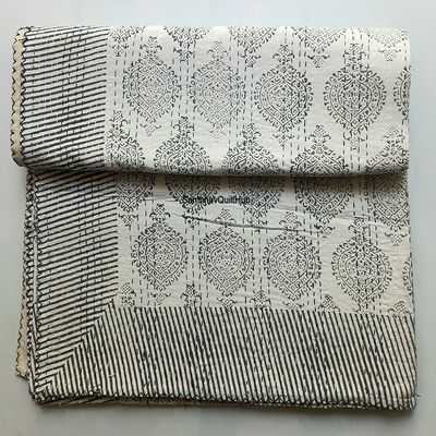 Grey Handblock Print Cotton Handmade Hand block Quilted Blanket Indian Cottodspread Kantha Indigo Print Beork Bohemian Bed Decor Block Throw Blanket Twin/King/Queen (Queen 90X108 inches (6))