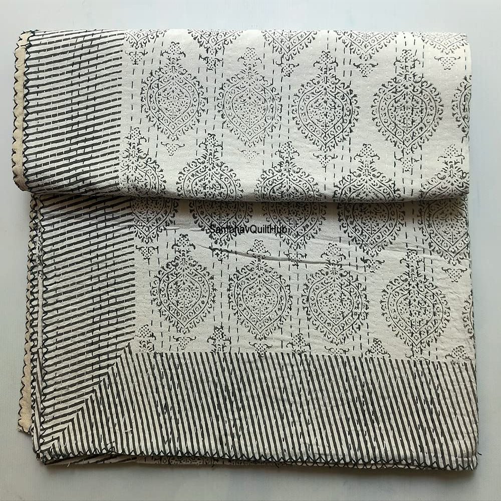 Grey Handblock Print Cotton Handmade Hand block Quilted Blanket Indian Cottodspread Kantha Indigo Print Beork Bohemian Bed Decor Block Throw Blanket Twin/King/Queen (Queen 90X108 inches (6))