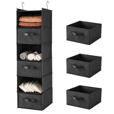 MAX Houser 6 Tier Shelf Hanging Closet Organizer, Closet Hanging Shelf with 2 Sturdy Hooks for Storage, Foldable (Black-D3)