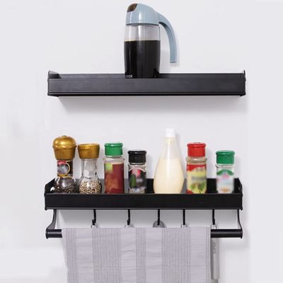 Spice Rack, Kitchen Floating Shelf No Drill Seasoning Organizer Hanging Spice Rack With Adhesive Black,Black-40.5cm