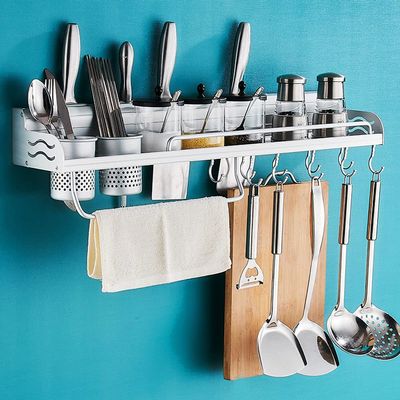 Spice Rack With Hooks, Stainless Steel Spice Rack Organizer Wall Mounted With 5 Hanging Utensil Hooks Kitchen,50CM