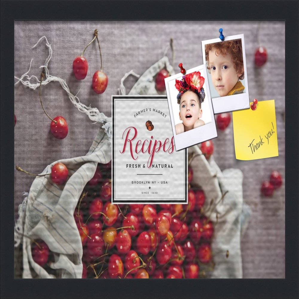 PinPix ArtToFrames 17x11 Custom Cork Bulletin Board Bag of Cherries Poster Board Has a Fabric Style Canvas Finish, Framed in Satin Black (PinPix-1366)