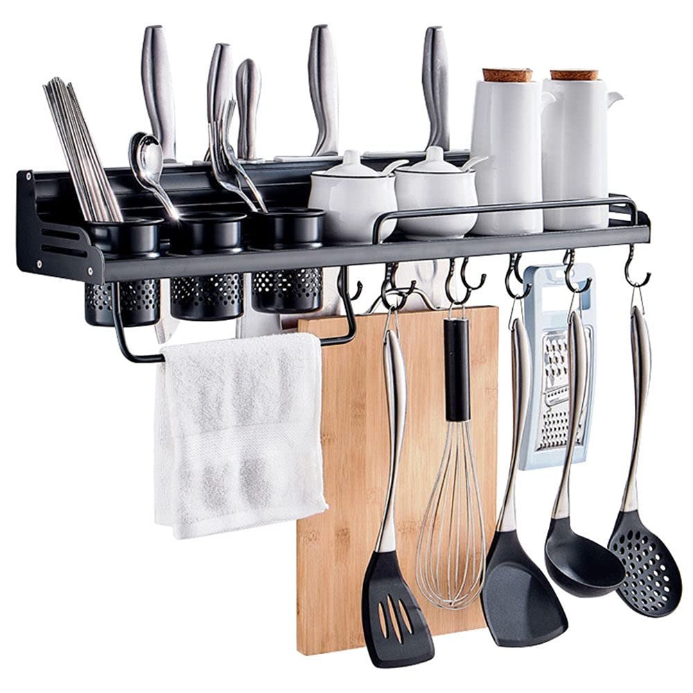 Hanging Spice Rack, Spice Rack Organizer Spice Rack With Hooks With Towel Bar And 8 Removable Hooks, Storage Saving Space For Home Bathroom Kitchen,Black-70cm