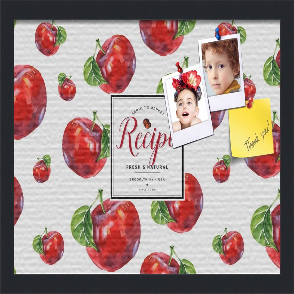PinPix ArtToFrames 17x11 Custom Cork Bulletin Board Red Apples Poster Board Has a Fabric Style Canvas Finish, Framed in Satin Black (PinPix-1370)