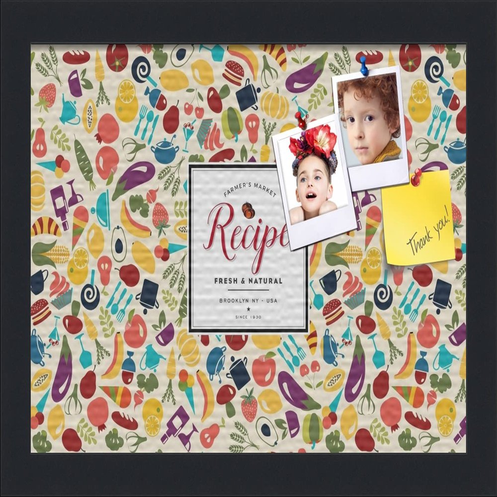 PinPix ArtToFrames 12x12 Custom Cork Bulletin Board Food Collage Poster Board Has a Fabric Style Canvas Finish, Framed in Satin Black (PinPix-1371)