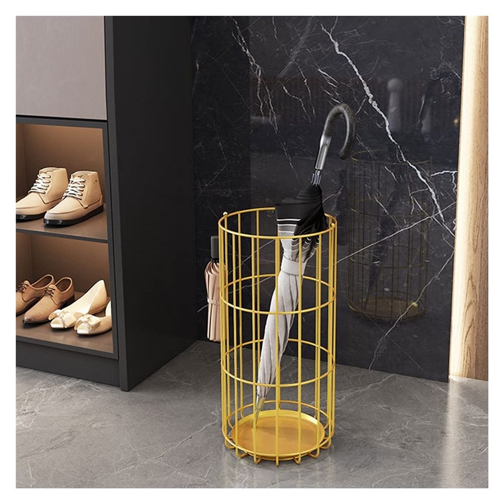 Umbrella Racks Golden Iron Umbrella Stand Holder, Large Capacity Umbrella Basket with Hook and Drip Tray, Multifunctional Household Storage Bucket