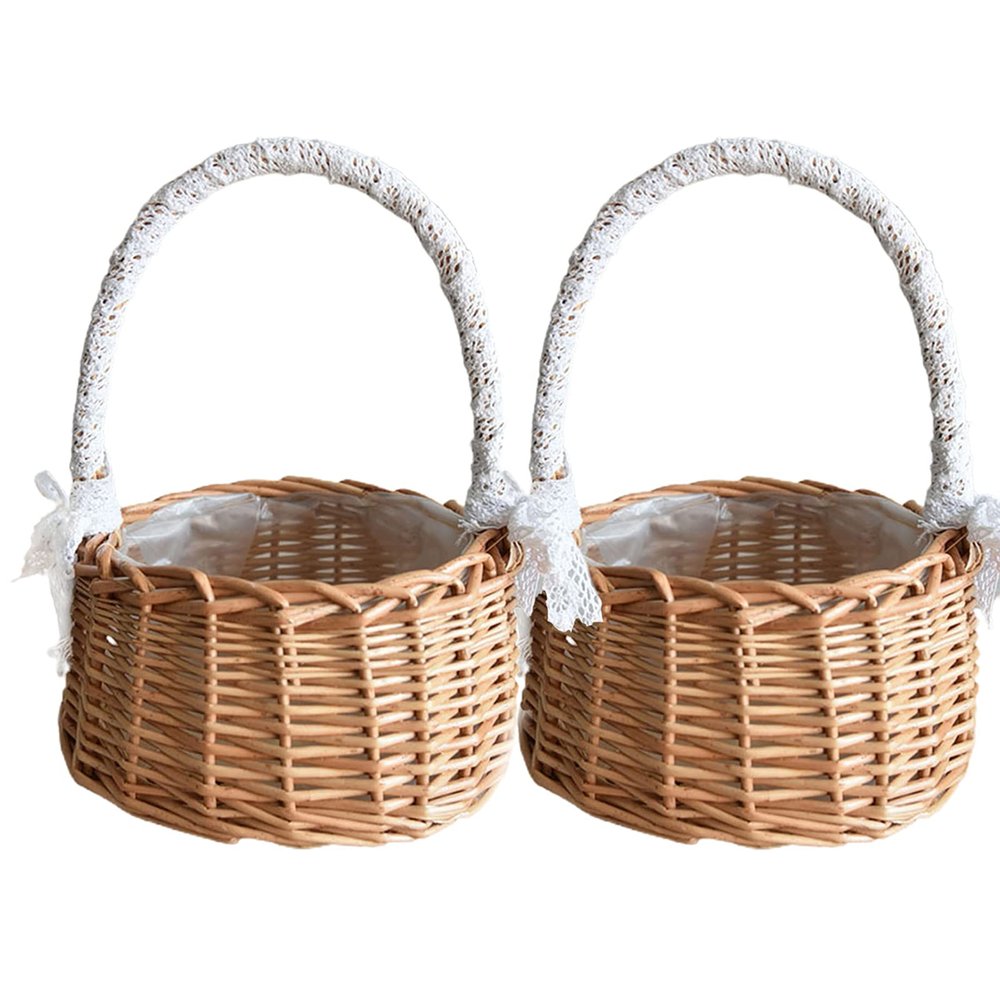 ASSR 2PCS Woven Storage Basket wHandle and Ribbon, Wedding Flower Girl Baskets, Wicker Rattan Flower Basket for Home Garden Decor -A3, Brown, (210219HT04-C-2-3#GPO63)