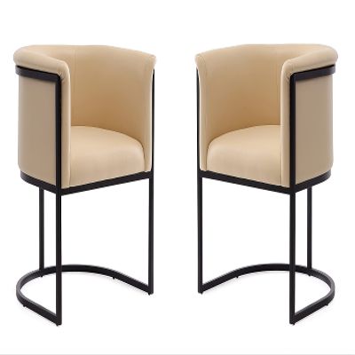 Manhattan Comfort Bali Faux Leather Dining Chair, Modern Art Deco Design with Sculptural Silhouette, Metal Frame, Padded Cushions, Fully Assembled Accent Armchair, Set of 2, Tan