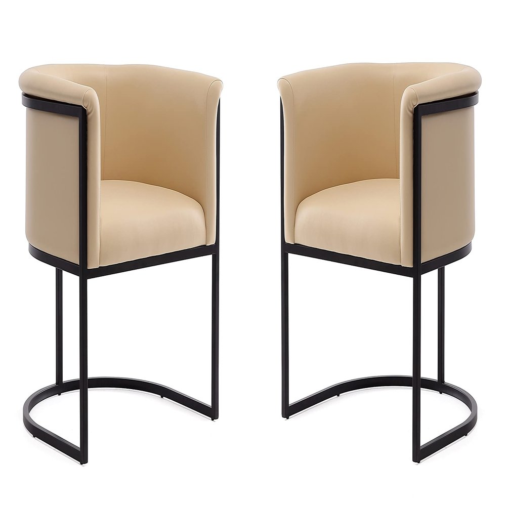 Manhattan Comfort Bali Faux Leather Dining Chair, Modern Art Deco Design with Sculptural Silhouette, Metal Frame, Padded Cushions, Fully Assembled Accent Armchair, Set of 2, Tan