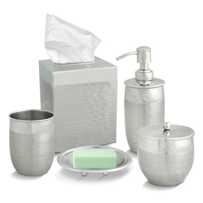 Decozen Bathroom Accessories - Set of 5 Bath Accessories for Home Decor Soap Lotion Dispenser Soap Dish Tumbler Cotton Jar Tissue Box for Modern Decor Farmhouse Countertop Organizer - Silver