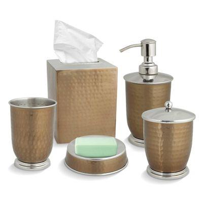 Decozen Bathroom Accessories - Set of 5 Bath Accessories for Home Decor Soap Lotion Dispenser Soap Dish Tumbler Cotton Jar Tissue Box for Modern Decor Farmhouse Countertop Organizer - Copper
