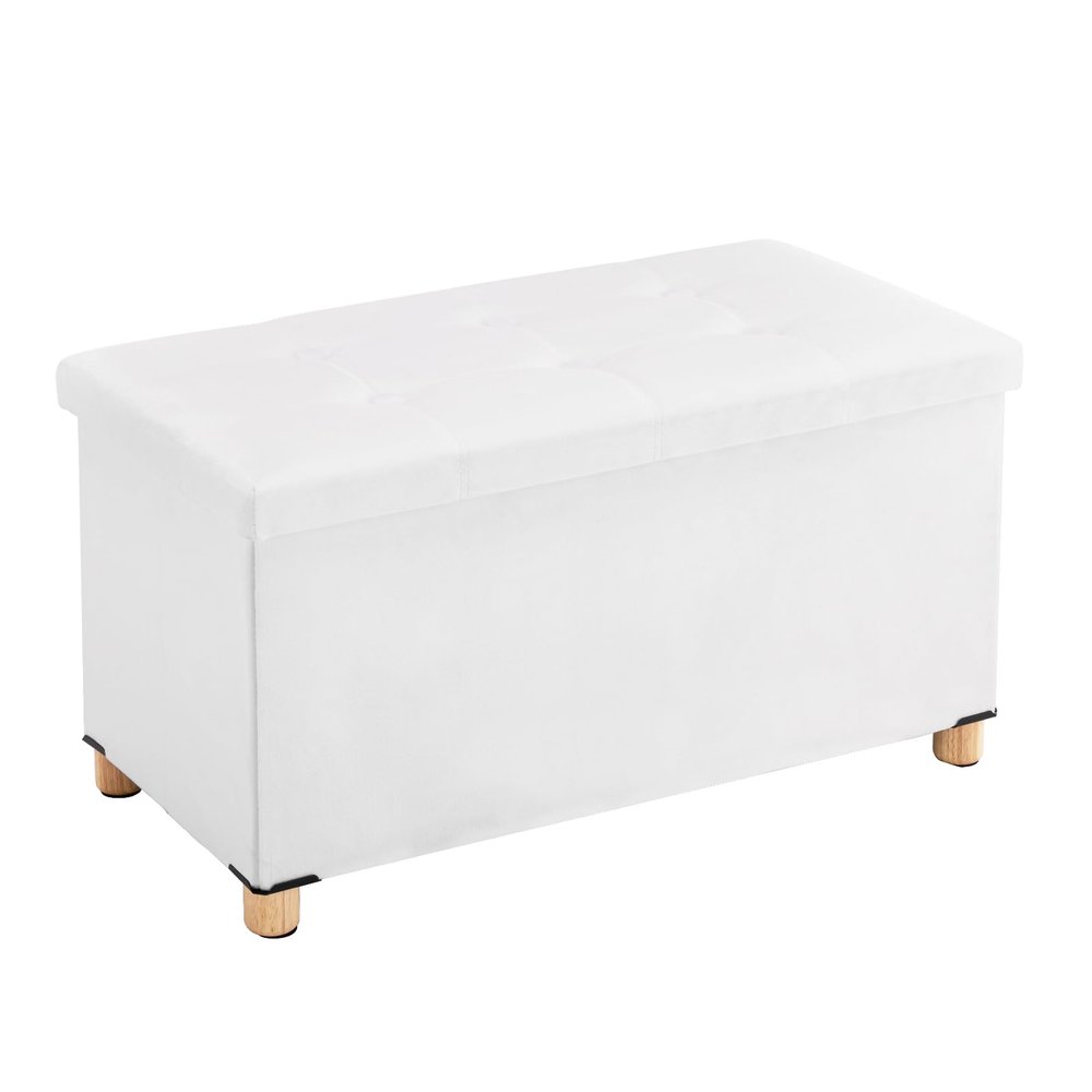 30 Inches Folding Storage Ottoman Bench, Velvet Storage Chest, Footrest Couch with Wooden Legs, Support 350lbs for Bedroom, Living Room, Hallway, White