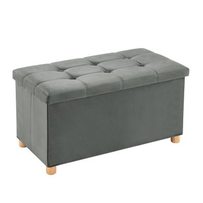 30 Inches Folding Storage Ottoman Bench, Velvet Storage Chest, Footrest Couch with Wooden Legs, Support 350lbs for Bedroom, Living Room, Hallway, Grey
