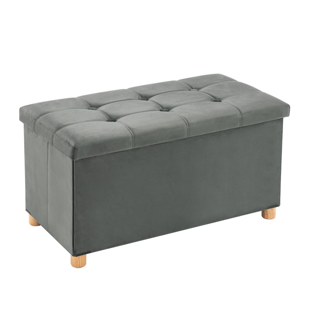 30 Inches Folding Storage Ottoman Bench, Velvet Storage Chest, Footrest Couch with Wooden Legs, Support 350lbs for Bedroom, Living Room, Hallway, Grey