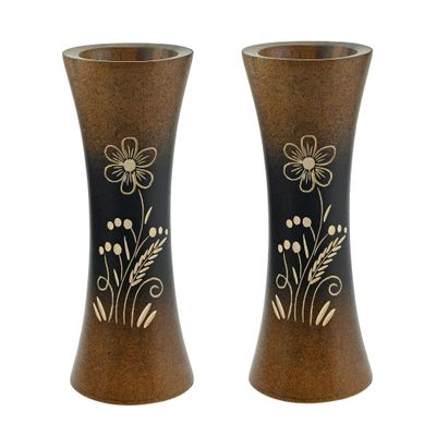 AeraVida Set of 2 Stylish Black and Brown Stain Handcarved 8-inch Flower Vase | Bali Inspired Farmhouse Home Dcor
