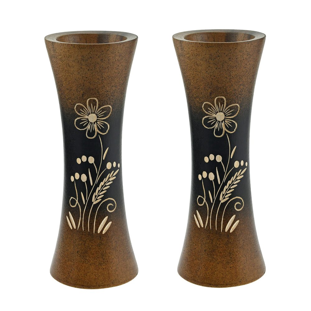 AeraVida Set of 2 Stylish Black and Brown Stain Handcarved 8-inch Flower Vase | Bali Inspired Farmhouse Home Dcor
