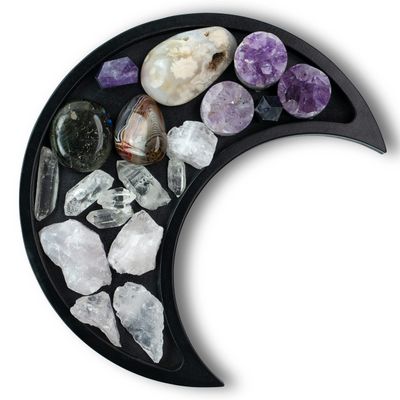 Black Moon Crystal Display Tray - Gothic Wooden Altar Tray 10.5" x 5" for Crystals and Stones Storage - Solid Wood Jewelry Organizer Dish - Spiritual Decor