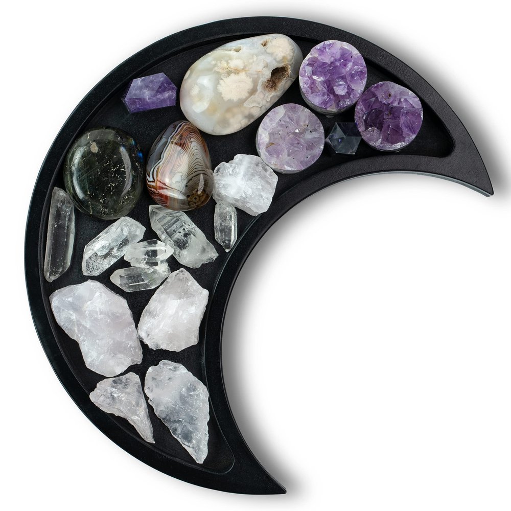 Black Moon Crystal Display Tray - Gothic Wooden Altar Tray 10.5" x 5" for Crystals and Stones Storage - Solid Wood Jewelry Organizer Dish - Spiritual Decor