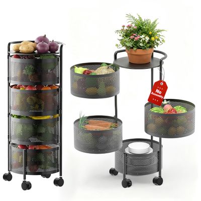 JAQ No Assembly Integrated Vegetable Storage Rack, 4-Tier Rotating Fruit Basket with Wheels, Solid Carbon Steel Kitchen Storage Cart for Potato Onion Produce, Fruteros para Cocina, Black