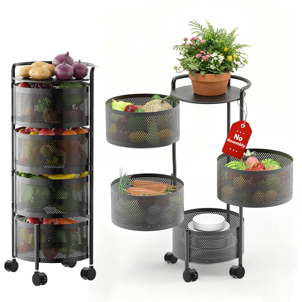 JAQ No Assembly Integrated Vegetable Storage Rack, 4-Tier Rotating Fruit Basket with Wheels, Solid Carbon Steel Kitchen Storage Cart for Potato Onion Produce, Fruteros para Cocina, Black