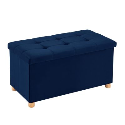 30 Inches Folding Storage Ottoman Bench, Velvet Storage Chest, Footrest Couch with Wooden Legs, Support 350lbs for Bedroom, Living Room, Hallway, Navy Blue