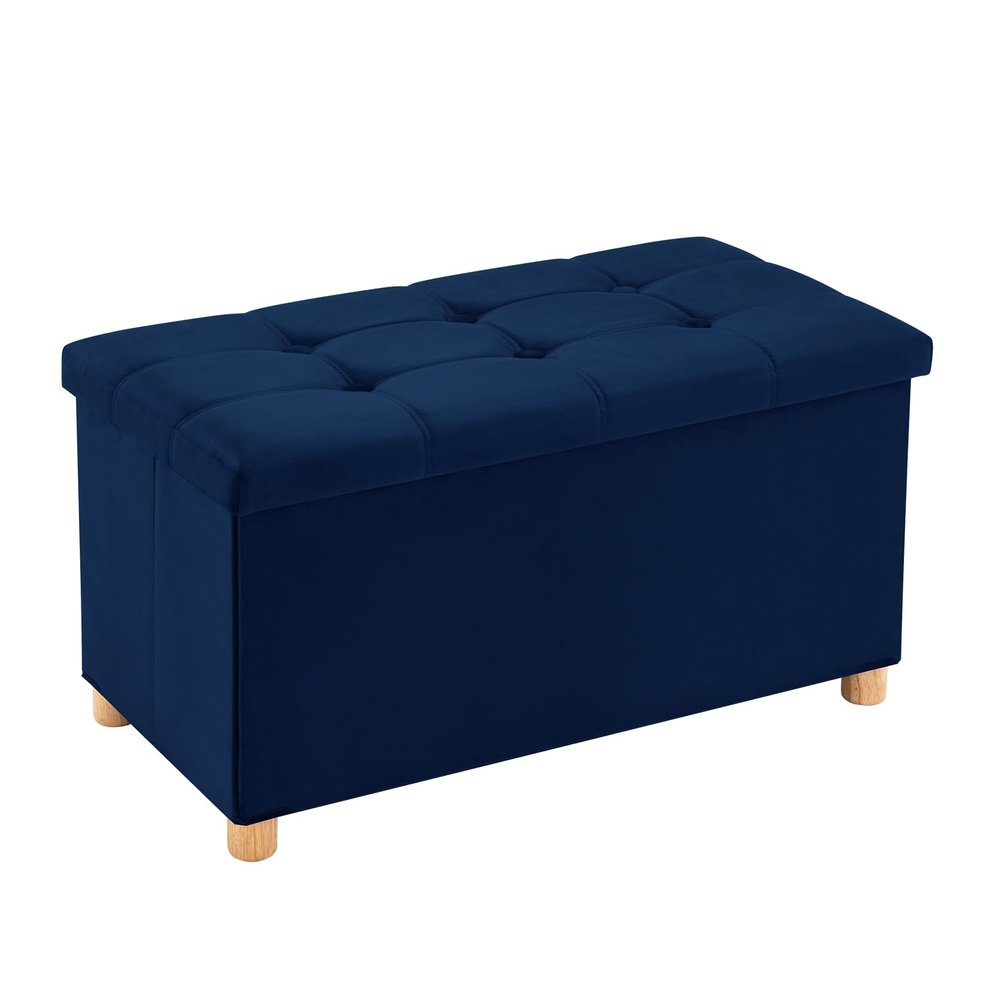 30 Inches Folding Storage Ottoman Bench, Velvet Storage Chest, Footrest Couch with Wooden Legs, Support 350lbs for Bedroom, Living Room, Hallway, Navy Blue