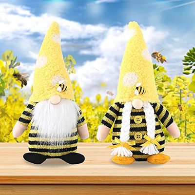 2Pcs Bumble Bee Gnome Plush, World Bee Day Gnome Doll, Scandinavian Tomte Nisse Swedish Honey Bee Elf, Garden Decorations, Home Farmhouse Kitchen Decor, Bee Shelf Tiered Tray Decorations