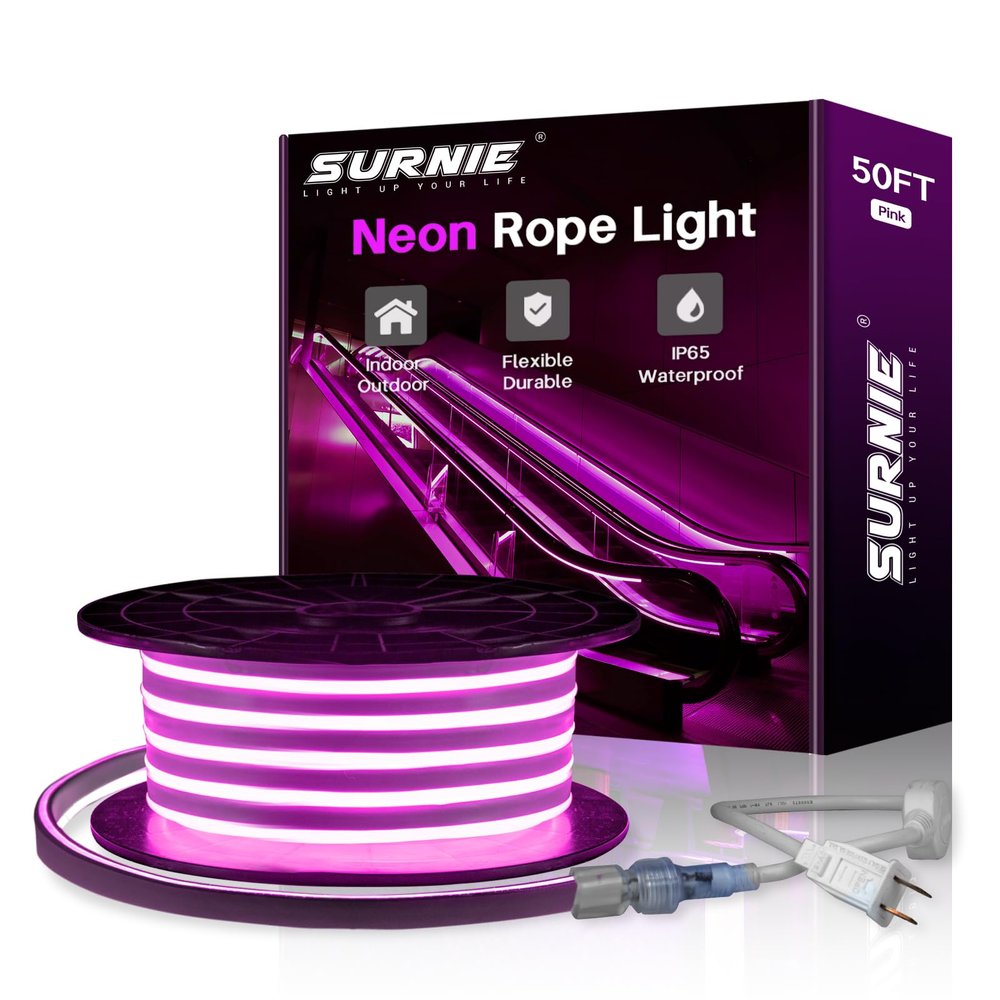 SURNIE 50ft Pink LED Neon Lights, IP65 Waterproof LED Light Strip Flexible Cuttable AC 110V LED Rope Lights DIY, Indoor Outdoor for Residential, Commercial Building Decoration